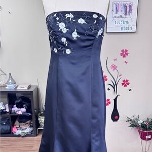 David's Bridal Elegant Black Gown with White Floral Embroidery